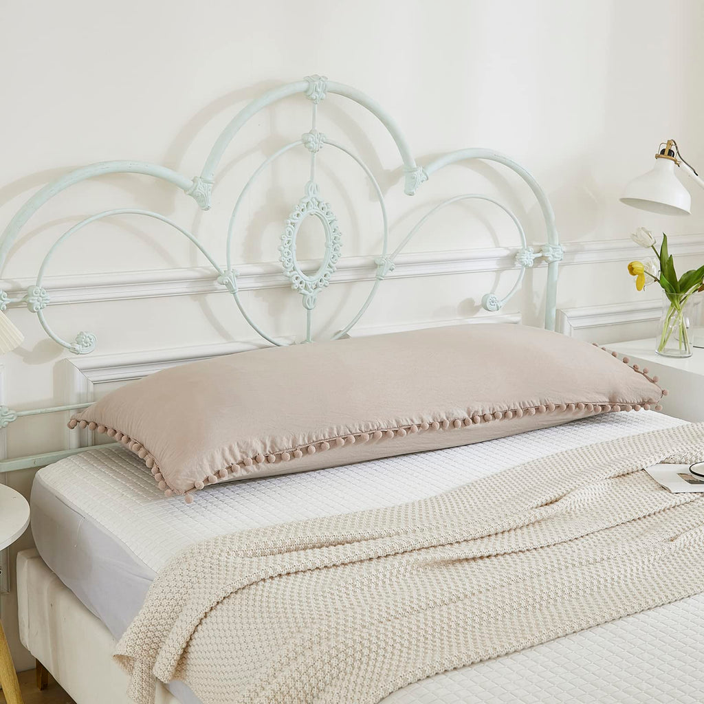 Taupe Body Pillow Cover 20x54 Boho Chic Pom Poms Fringe Decor Light Khaki Body Pillow Case Cover with Pocket Closure