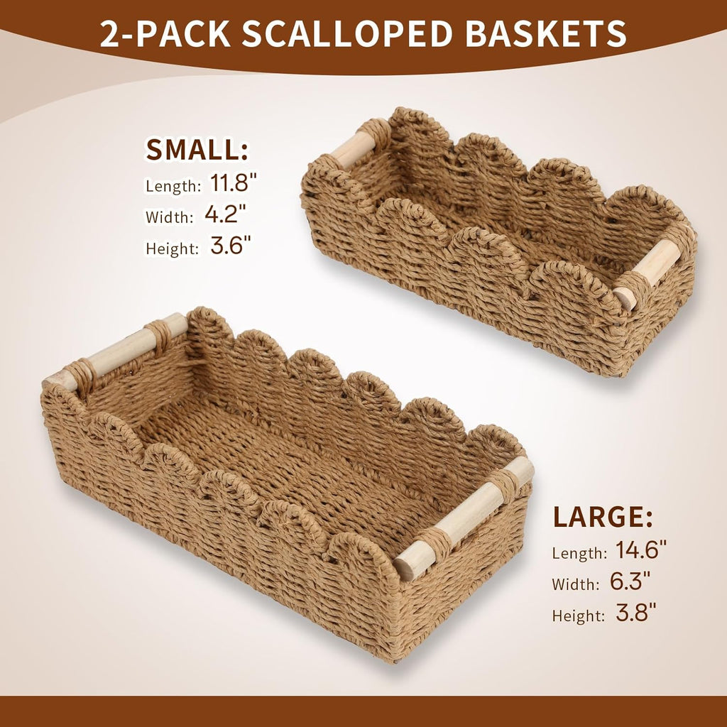 Regine Switzerland Paper Rope Storage Basket Set - Scalloped Design with Wooden Handles, Stylish Beige Organizers for Bathroom or Living Room