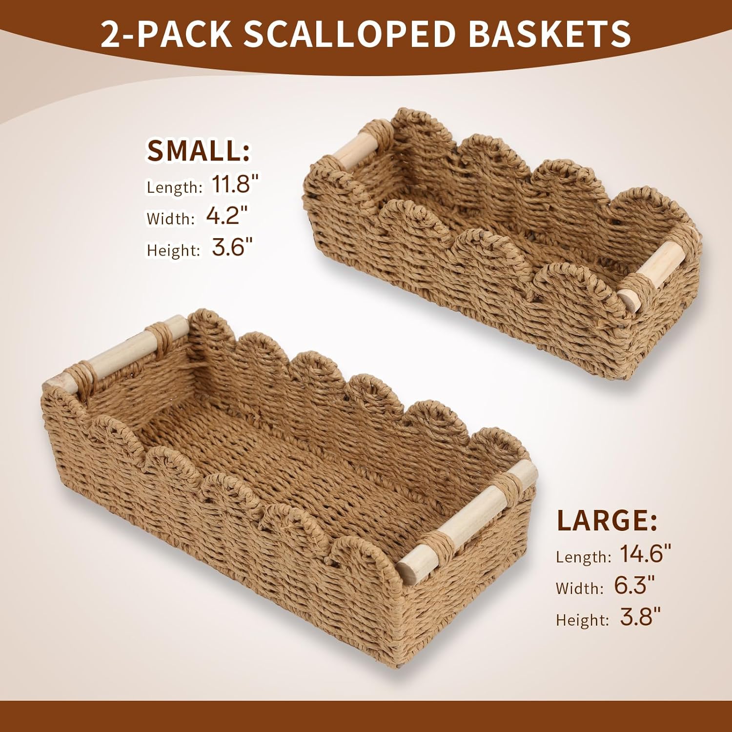 Regine Switzerland Paper Rope Storage Basket Set - Scalloped Design with Wooden Handles, Stylish Beige Organizers for Bathroom or Living Room
