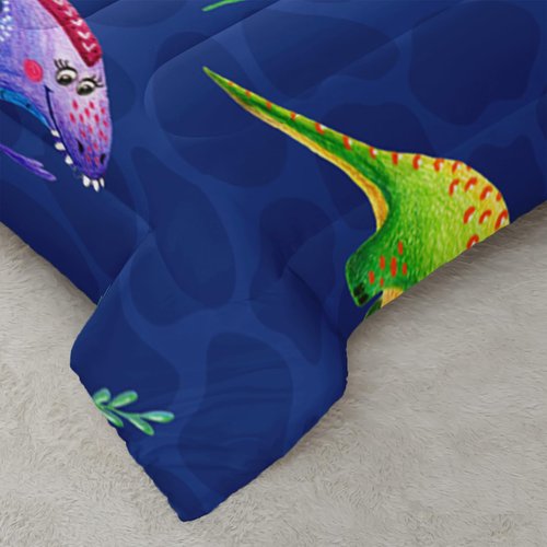 QOOMO Cartoon Dinosaur Kids Comforter Set for Boys Girls Full Size Dark Blue Dino Bedding Set Super Soft Dinosaurs Quilt with 1 Comforter and 2 Pillowcases Lightweight Microfiber for All Seasons