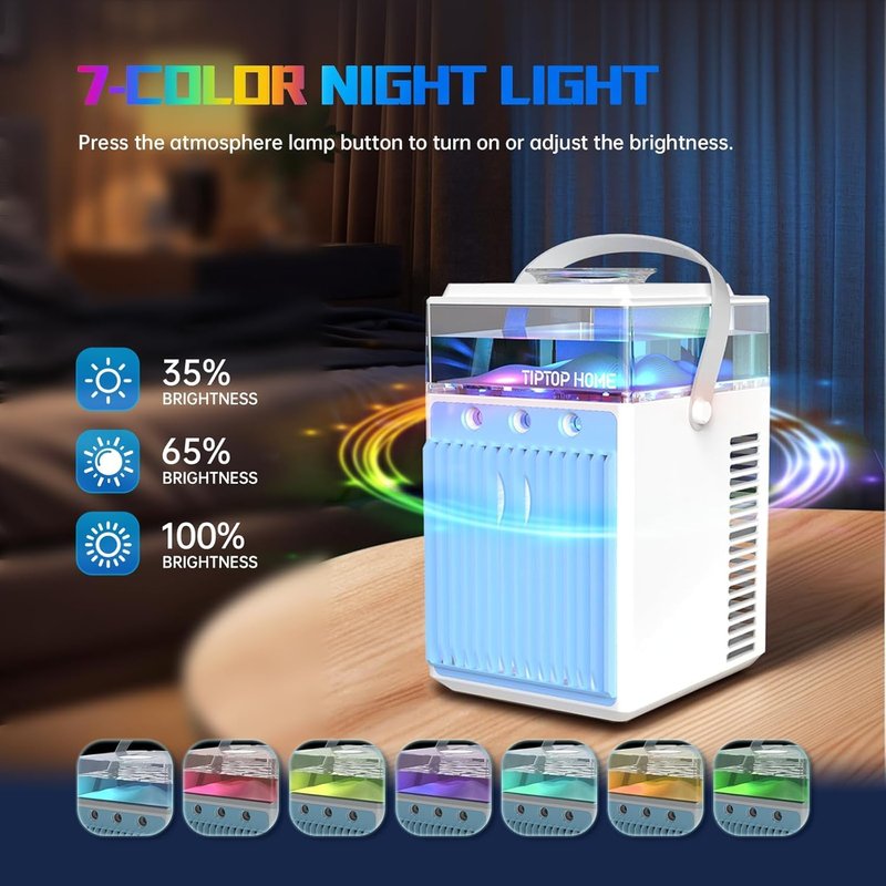 Portable Air Conditioners, 4-IN-1 Evaporative Air Cooler with App Control, 800ml Water Tank, Rechargeable Mini Air Conditioner, 3 Speeds & 3 Mist, Colorful Night Light Cooling Fan