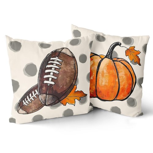 Fall Pillow Covers 18x18 Inch Fall Football Pumpkin Maple Leaf Polyester Decorative Throw Pillow Case Autumn Thankful Polka Dot Cushion Cover Set of 2 Home Decor for Sofa Living Room Couch Chair