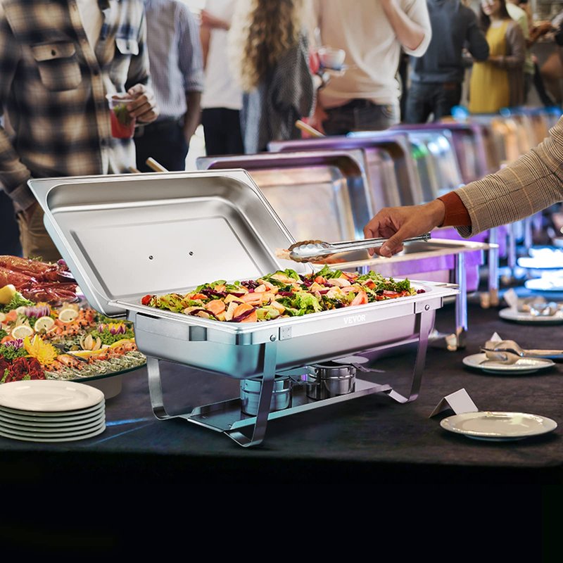 VEVOR Chafing Dish Buffet Set, 8 Qt 2 Pack, Stainless Steel Chafer with 2 Full Size Pans, Rectangle Catering Warmer Server with Glass Lid Water Pan Folding Stand Fuel Holder, for Wedding Party Banquet