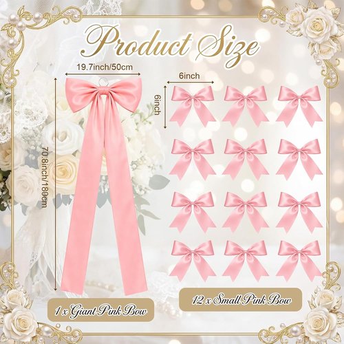 Crowye Large Pink Bow Decor Set - 71x20 Giant Coquette Bow & 12 Small 6" Bows for Weddings & Parties