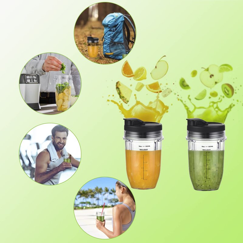 [Upgraded] Replacement 18oz Cups for Nutri Ninja Blenders, Blender Replacement Parts with Upgraded Lid For Auto-IQ BL480, BL482, BL490, BL640, BL642, & BL680 Auto IQ Series Blenders., 2 Pack