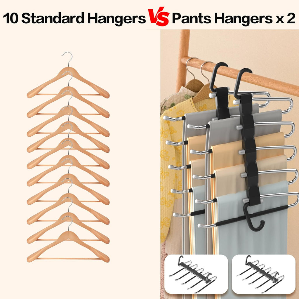 Skiennix Pants Hangers - Space-Saving 2-Pack Stainless Steel Closet Organizer | Anti-Slip Jean & Leggings Rack, Black