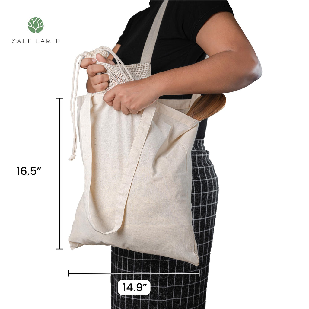 Salt Earth Pack of 5 | 6 | 12 | 24 | 48 – 100% Cotton Reusable Tote Bags – Bulk Grocery, Shopping, DIY, Beach & Gift Use (Natural)