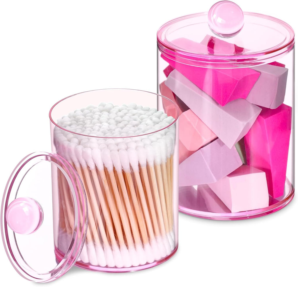 XIPENGKEJI Qtip Holder Set - Stylish Apothecary Jars for Bathroom Organization | 10oz-12oz Pink Canisters