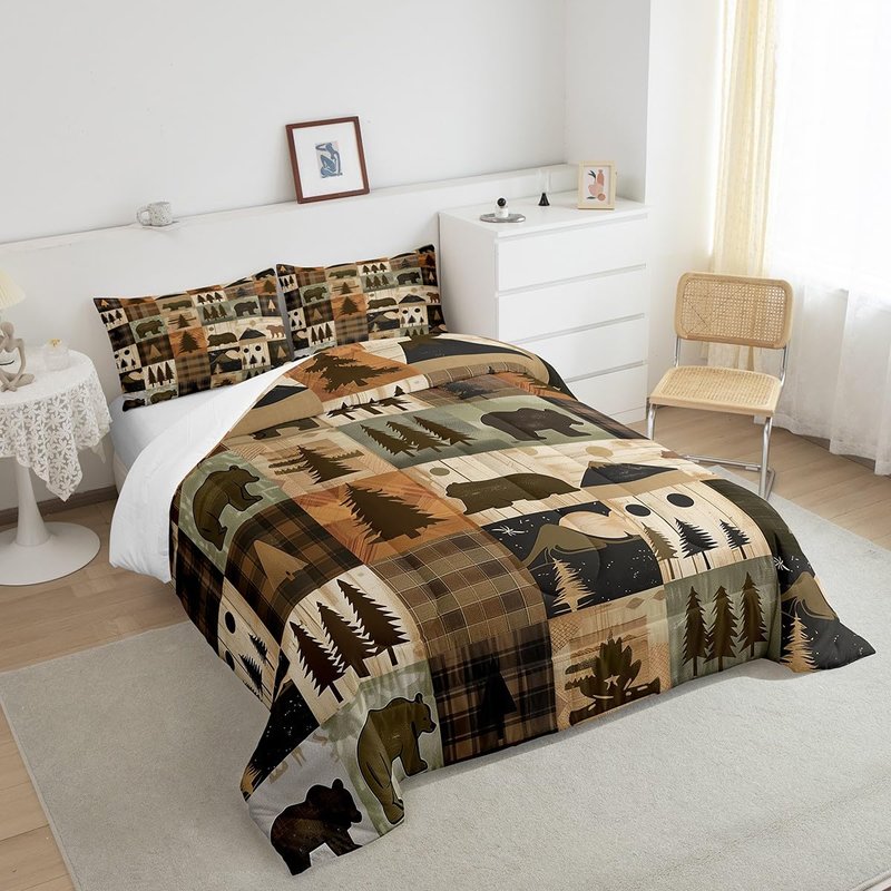 Feelyou Kids Bear Comforter Twin Size, Camper Comforter Set Boys Girls Rustic Cabin Country Bedding Set Western Farmhouse Teens Duvet Set Bedroom Decor 2Pcs
