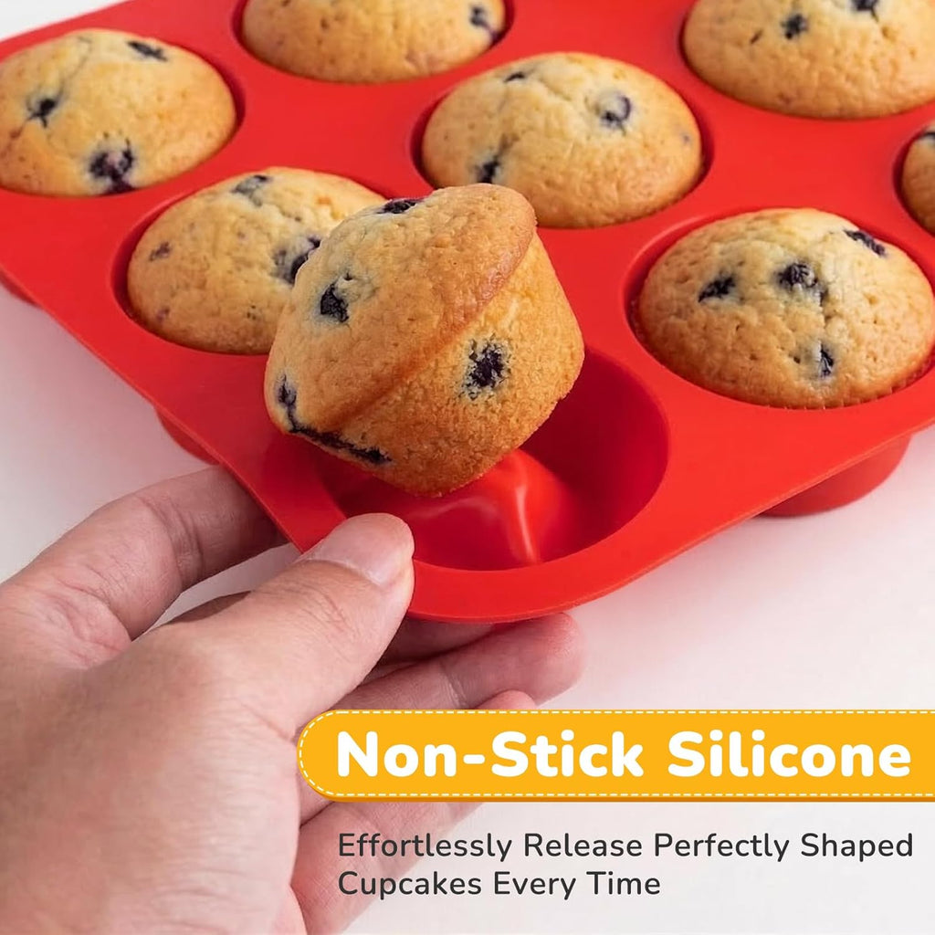 Skiennix Silicone Cupcake Pan - Nonstick 12-Cup Muffin Pans | Durable & Flexible, Easy to Clean, Red