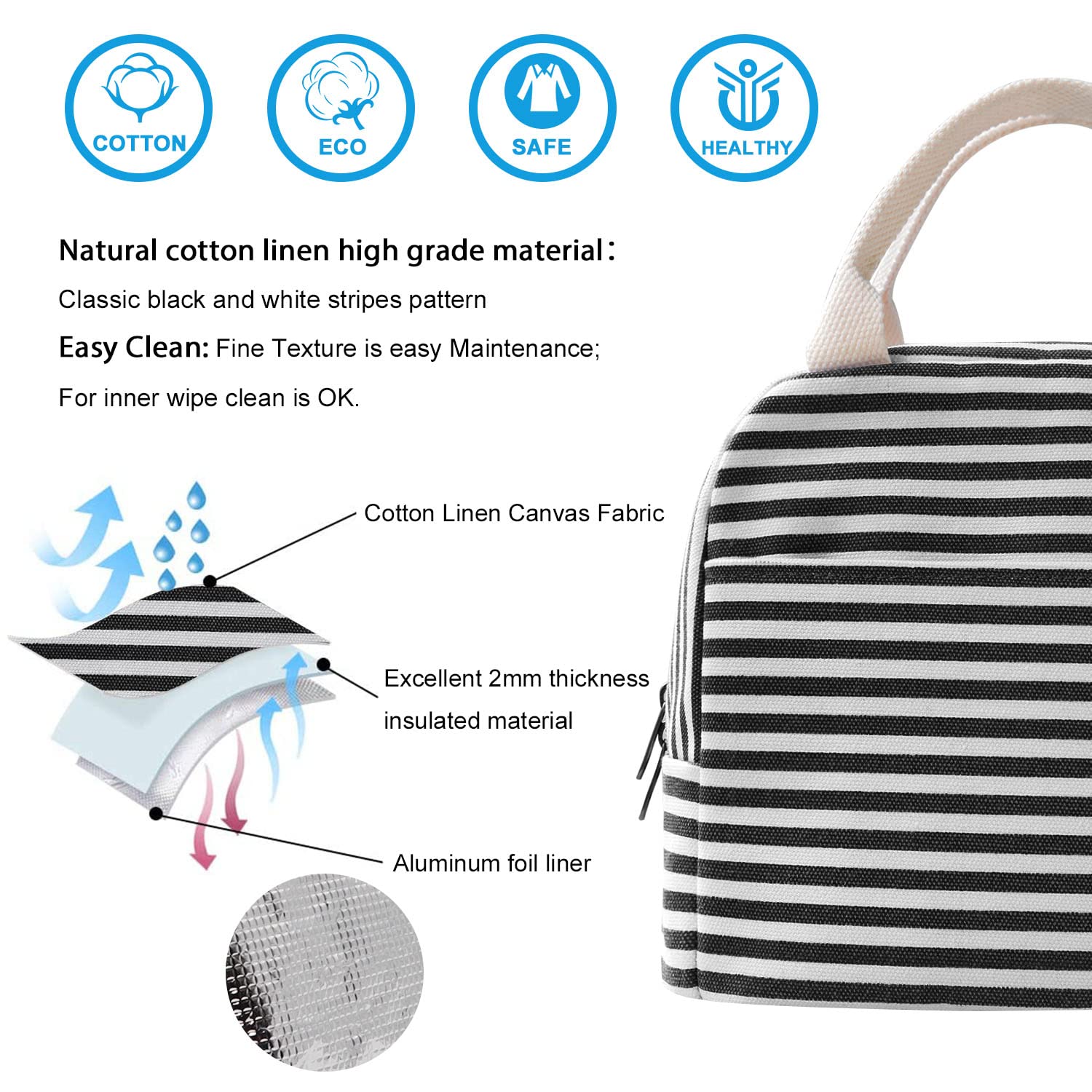 EurCross Canvas Lunch Tote Bag for Women for Work with Black and White Stripes, Reusable Insulated Meal Prep Preppy Lunch Box Bag for Daily Use, Cute Lunch Cooler Bento Boxes Bags