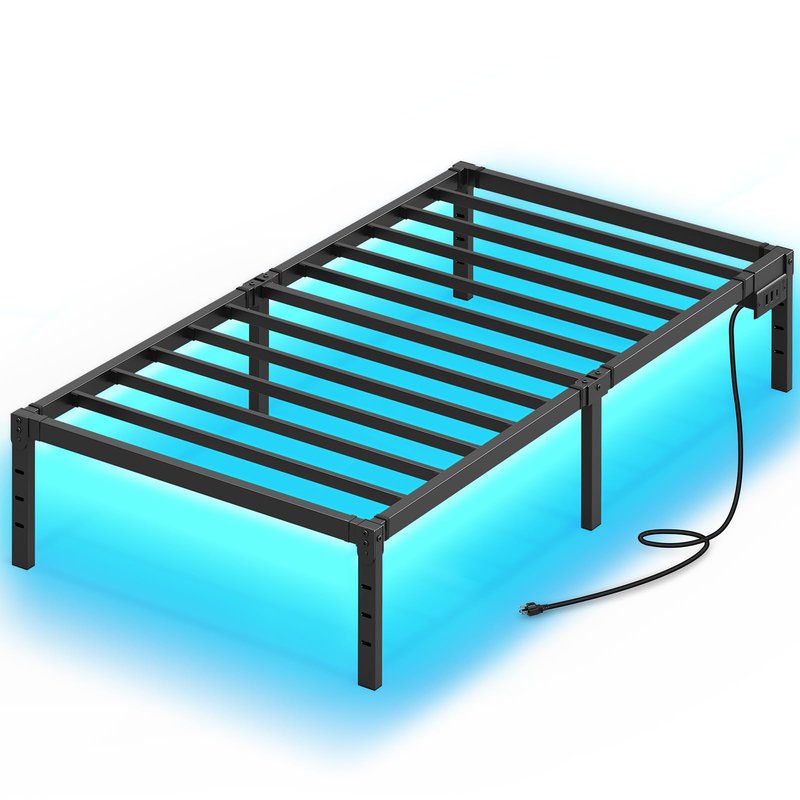 Rolanstar Bed Frame with USB Charging Station, Twin Bed Frame with LED Lights, Platform Bed Frame with Heavy Duty Steel Slats, 14" Storage Space Beneath Bed