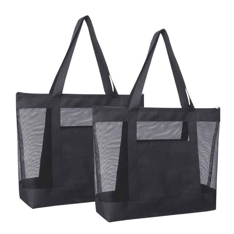 hsmyank 2Pack Mesh Tote Bag,Sandproof Beach Bags with Zipper &Double Pocket For Groceries,Poolside,Travel,Towels (Black)