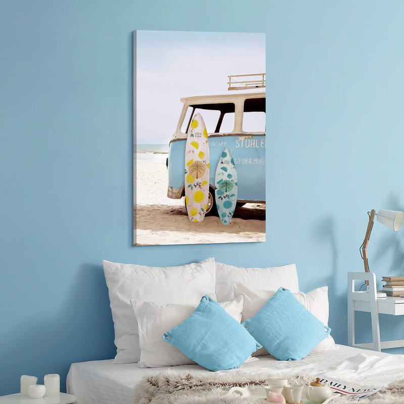 Coastal Beach Canvas Wall Art: Tropical Hawaii Ocean Painting Surfboard Prints Surfer Picture Vintage Seaside Van Artwork for Bathroom Bedroom Living Room