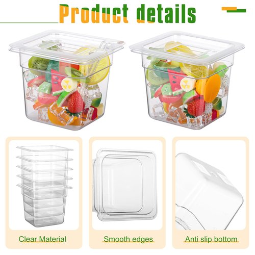 PYQTH 12 Pack Plastic Food Pan with Lids 1/6 Size 6'' Deep Restaurant Food Containers Stackable Clear Polycarbonate Commercial Hotel Pans with 1 Plastic Spoon for Fruits Vegetables