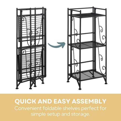 Convenience Concepts Xtra Storage 3 Tier Folding Metal Shelf with Scroll Design, Black
