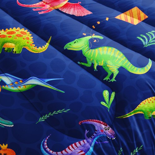 QOOMO Cartoon Dinosaur Kids Comforter Set for Boys Girls Full Size Dark Blue Dino Bedding Set Super Soft Dinosaurs Quilt with 1 Comforter and 2 Pillowcases Lightweight Microfiber for All Seasons