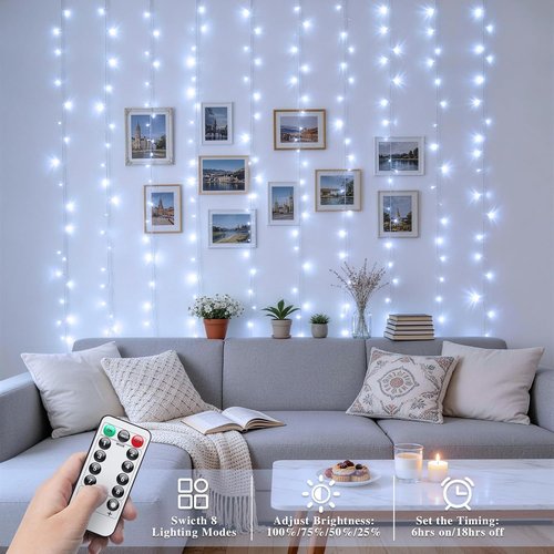 JMEXSUSS 200 LED Fairy Curtain Lights - Battery Operated & USB Plug In | Remote Control, 8 Modes, Waterproof for Wedding & Party Decor, White
