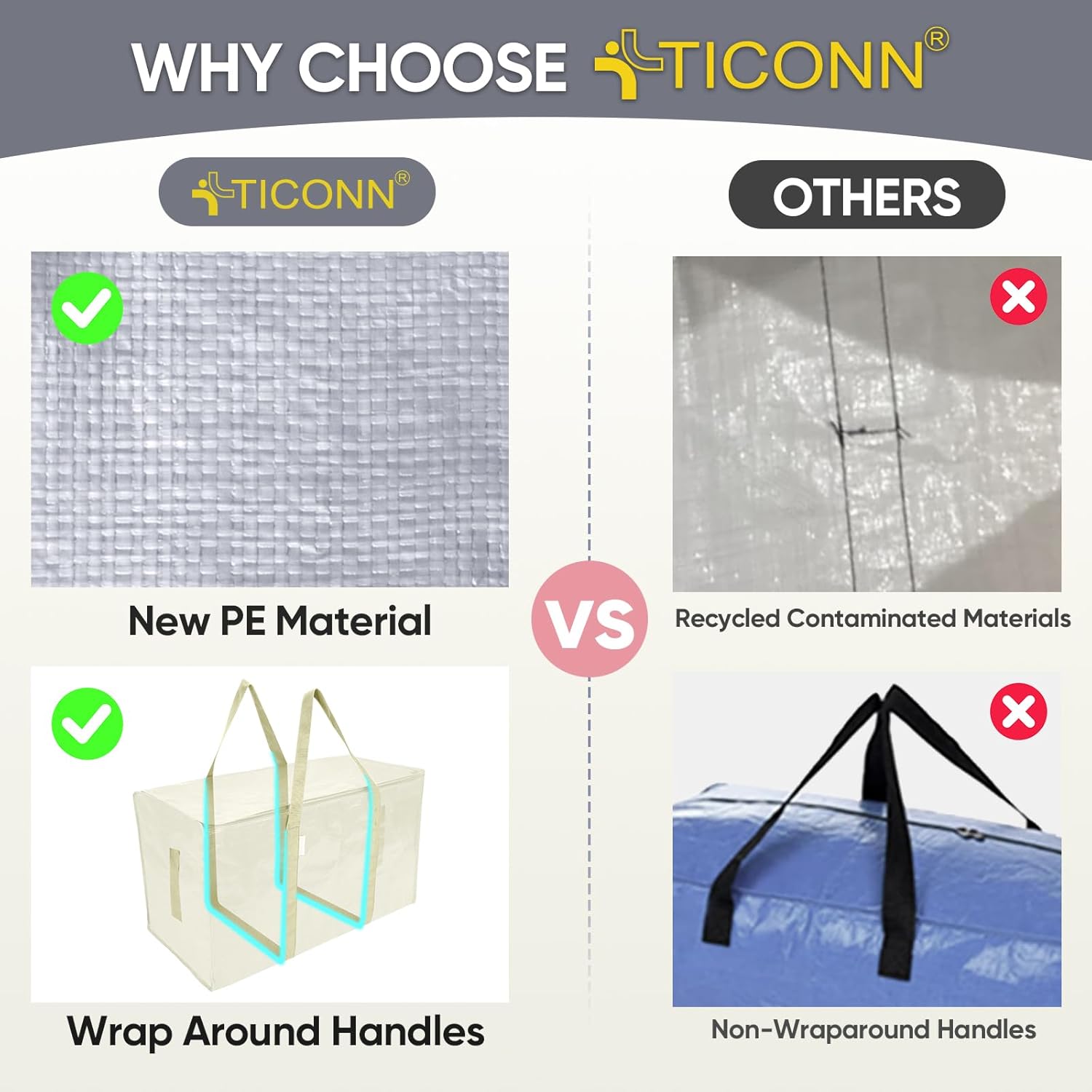 TICONN Extra Large Heavy Duty Moving Bags - Durable Storage with Zippers & Handles | 6 Pack, Cream