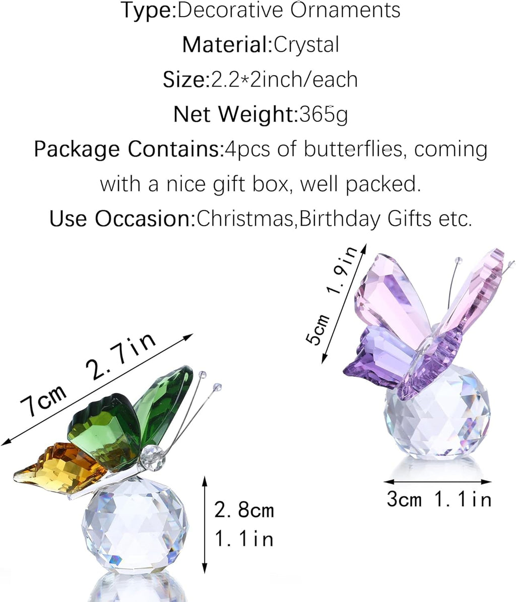 Skiennix Crystal Butterfly Figurines - Pack of 4 Decorative Glass Butterflies | Perfect Christmas Gifts for Women (2.2 x 2 Inch)