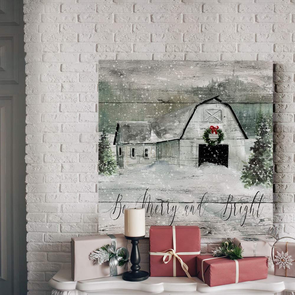 Renditions Gallery Be Merry and Bright Wall Art, Cute Christmas & Winter Artwork, Festive Barn, Faux Wood Look, Premium Gallery Wrapped Canvas Decor, Ready to Hang, 24 in H x 24 in W, Made in America