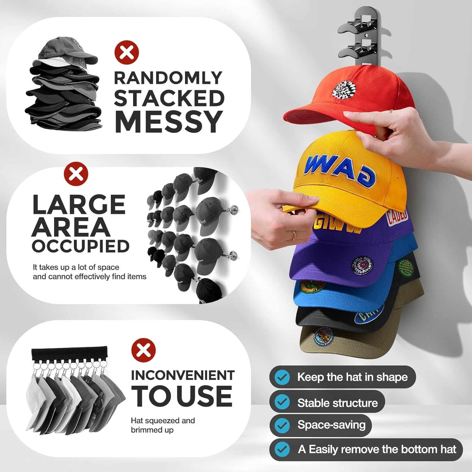 Skiennix Hat Organizer - Wall-Mounted Rack Holds Up to 20 Baseball Caps | Strong Adhesive & Screws, Black