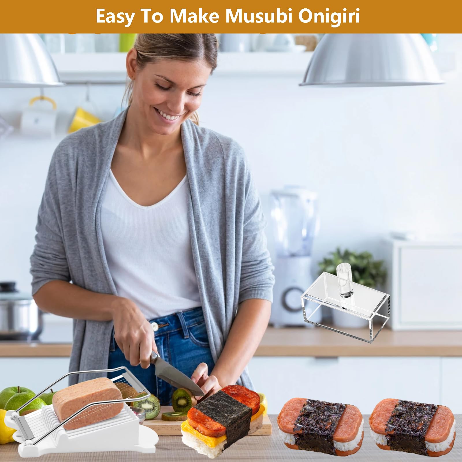 4 Pcs Acrylic Musubi Mold Kit Musubi Press Mold Masubi Molds Kit Stainless Steel Slicer Onigiri Mold Set Rice Ball Masubi Molds Musubi for Maker Onigiri Musubi