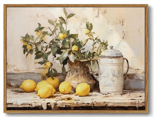 XLARTMY Framed Vintage Kitchen Wall Art, Yellow Lemon Still Life Wall Art Oil Paintings, Rustic Farmhouse Artwork Canvas Posters Prints Pictures for Living Room Bedroom 16x24In