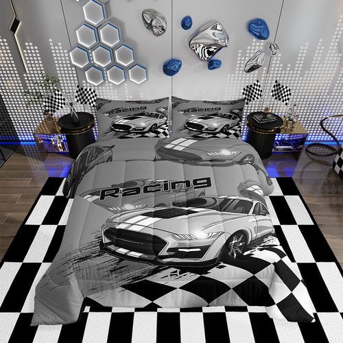 Erosebridal Racing Comforter Set Twin Size,Extreme Sports Race Car Bedding for Boys Kids,Race Sports Car Competition Cool Speed Bedding Comforter Sets,1 Duvet Insert 1 Pillowcase - 2 Pieces(Grey)