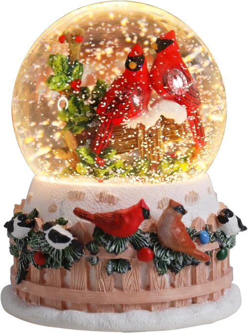 Bdor Christmas Cardinal Snow Globe - LED Lights & Music | 4.53" x 4.53" x 5.51" | 2 Modes: Color Changing & Warm Glow