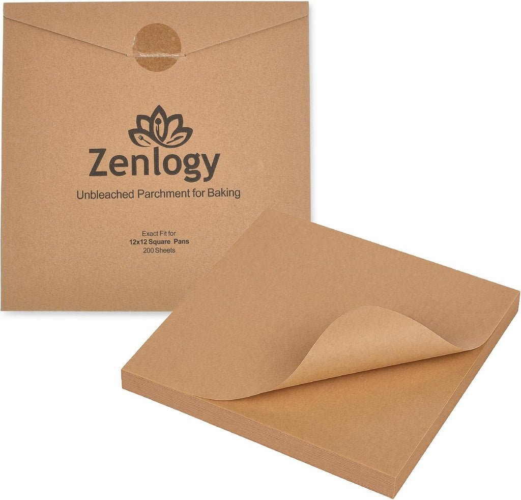 Zenlogy Parchment Paper Squares - Unbleached, Non-Stick, High Heat | 200 Pre-Cut Sheets for Baking & Air Frying