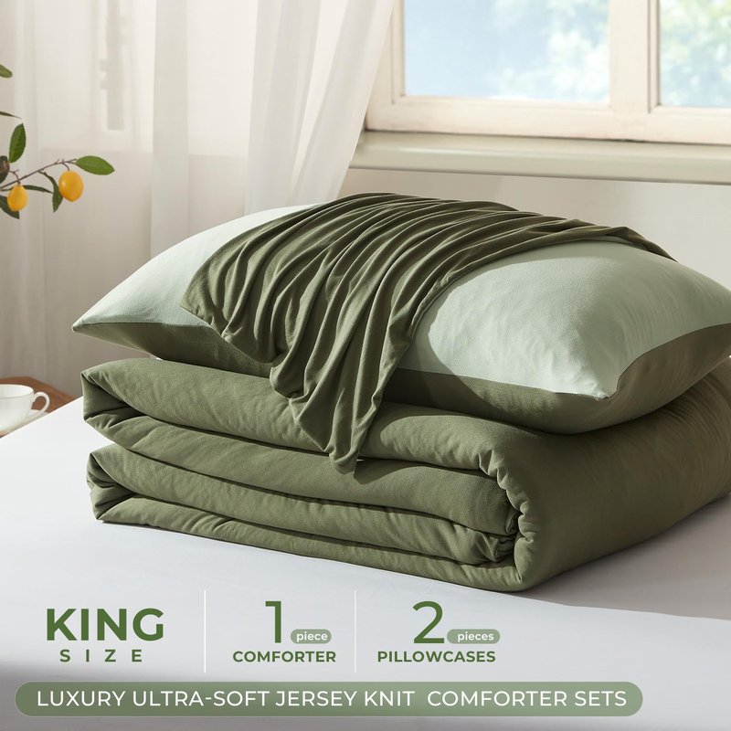 Voguease King Size Comforter Set Comforters King Size Luxury Ultra-Soft Jersey Knit Bedding Sets, Olive/Sage Green Lightweight Down Alternative Bed Comforter for All Season, 3 Piece Bedding Set