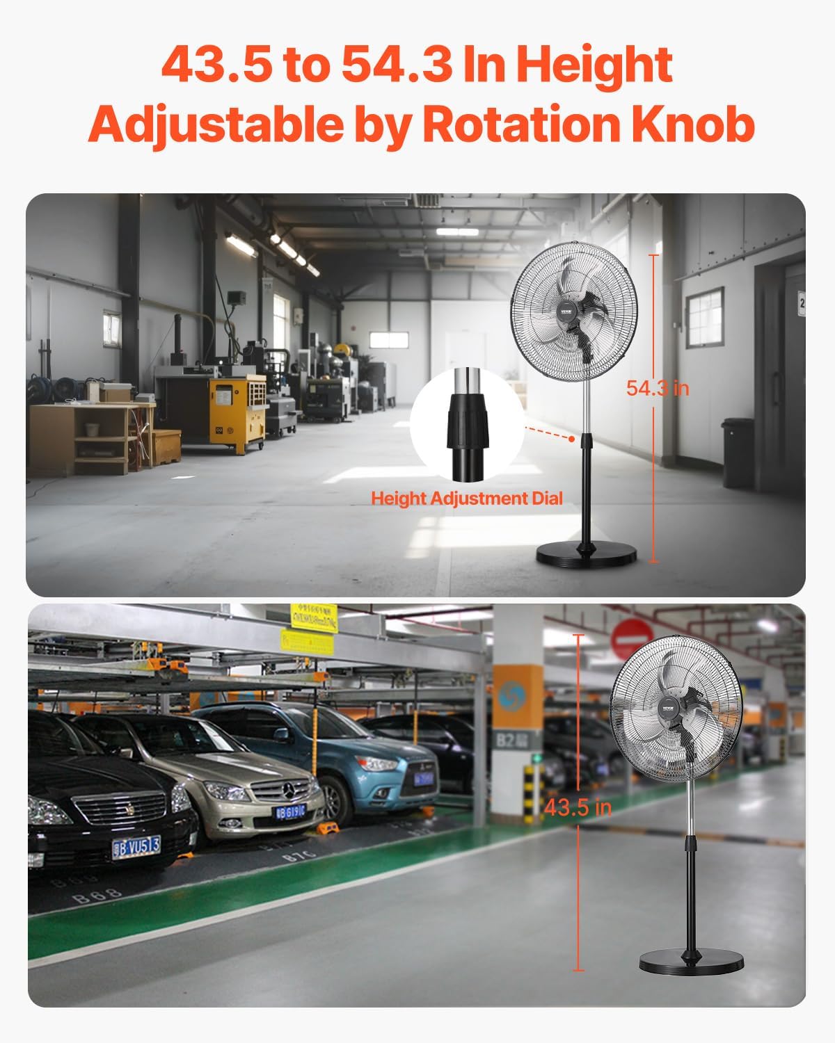 VEVOR 20-Inch Industrial Pedestal Fan - Adjustable Height & 90-Degree Oscillation | Powerful Black Floor Fan for Garage & Warehouse