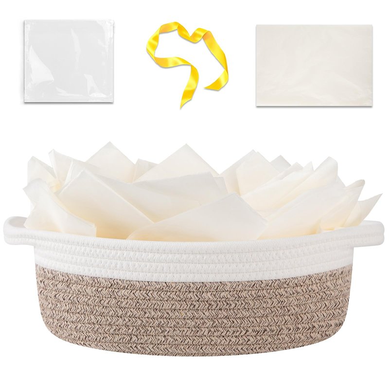 OIAHOMY Gift Basket Empty with Handle, 12"x 8"x 5" Small Woven Basket with Gift Bag, Ribbon and Wrap Tissue Paper, Dog Toy Storage for Organizing - Brown & White