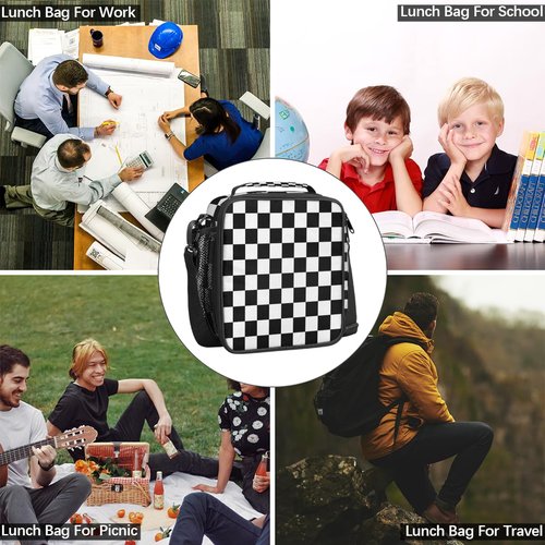 TropicalLife Kids Lunch Boxes, Insulated Lunch Bag for Kids with Adjustable Shoulder Strap, School Lunch Box Container for Boys and Girls, Reusable Adults Lunch Tote for Work (Checkerboard)