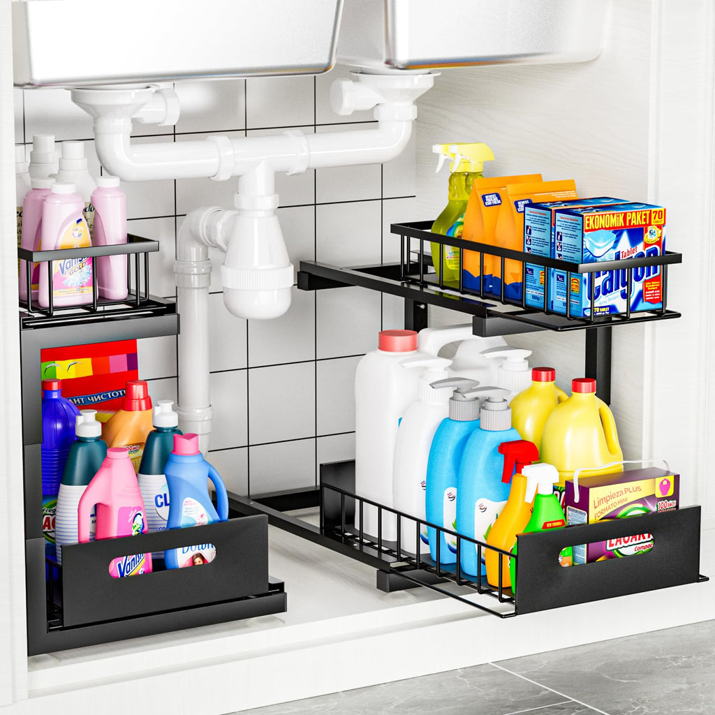 necvha Under Sink Organizer, 2 Tier Pull Out Cabinet Storage, Slide Out Storage Shelves, Height Adjustable Kitchen Cabinet Organizers for Under Sink Storage -2 Pack, Black