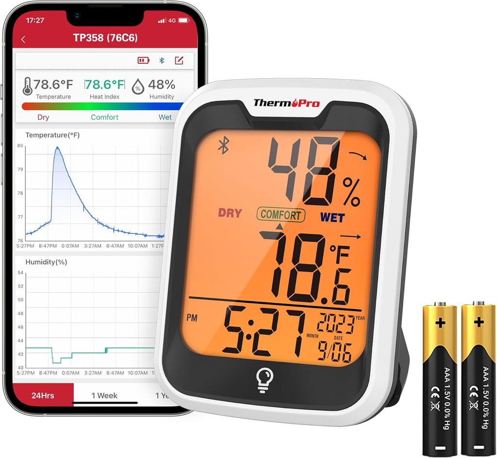 ThermoPro TP358 Bluetooth Thermometer - Smart Temperature & Humidity Sensor | 260Ft Range, Backlit Display