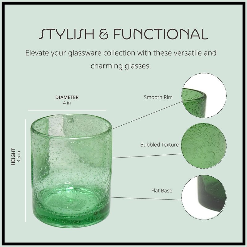 Artland 14oz Double Old Fashion Glass, Set of 4 | Iris Seeded Design, Green | Drinking Glass for Parties and Everyday Use - Mojito, Whiskey, Cocktail | Glassware & Barware Essentials