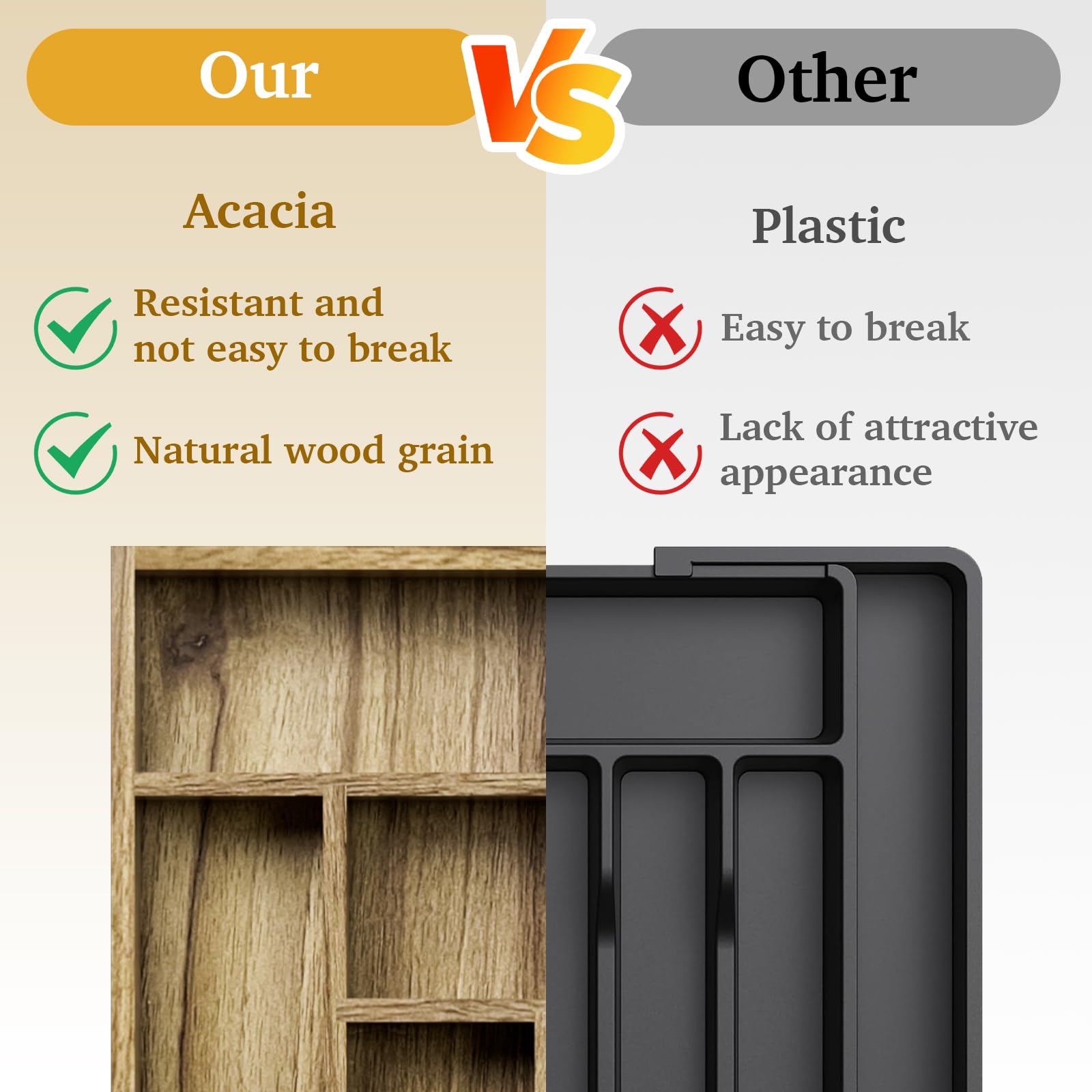 Kiasthome Acacia Wood Silverware Drawer Organizer, Kitchen Utensil Cutlery Drawer Organizer with Dividers, Flatware Organizer, Silverware Tray Holder for Spoons, Forks, 11.8''x16.5'' (6 Slots)