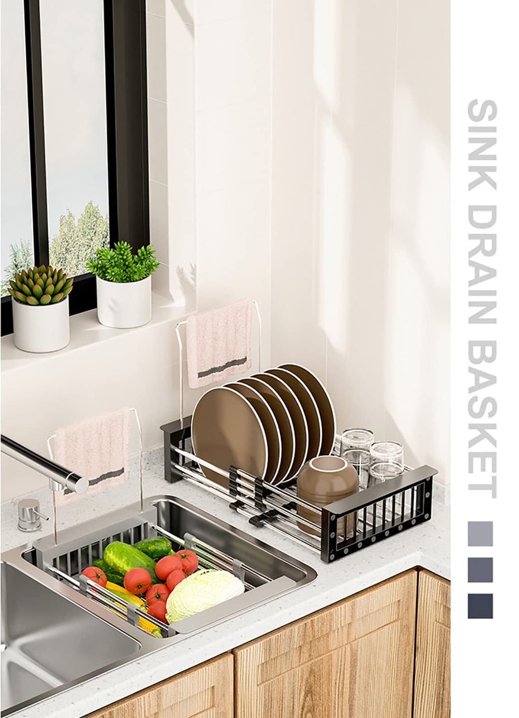 GULICA Dish Drying Rack Black, Adjustable Stainless Steel Drainer Basket Drain Tray for Dish Vegetable Fruit, 18.2" x 8.9", On or in Sink Kitchen Basket Dish Drying Rack