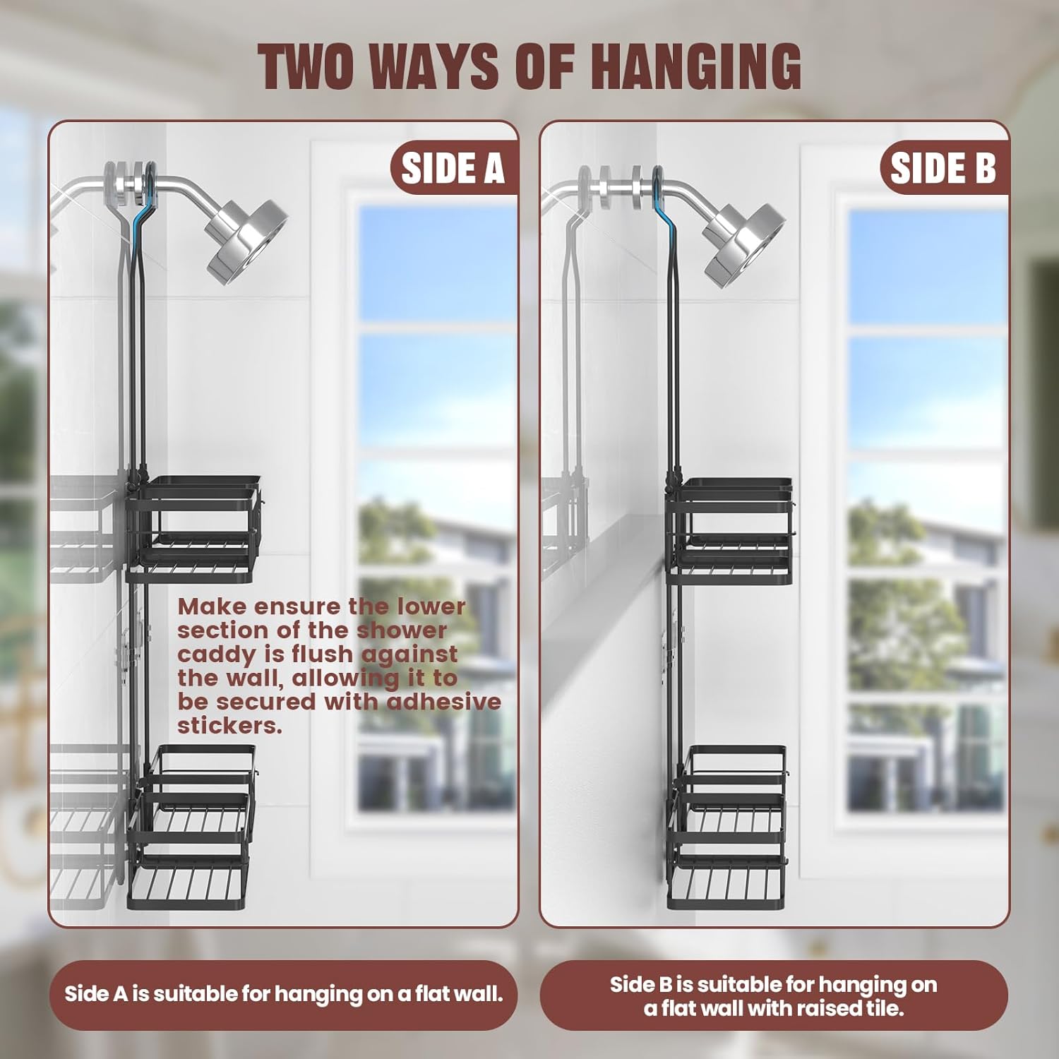 Reinhardt Adjustable Shower Caddy - Rustproof Organizer for Handheld Showerheads | Black with Hooks & Soap Holder