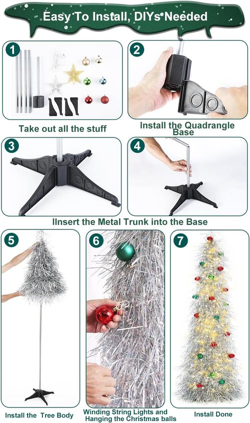 BrilliantJo 6ft Artificial Christmas Tree - Lighted with Ornaments & Collapsible Stand | Silver Tinsel Decor