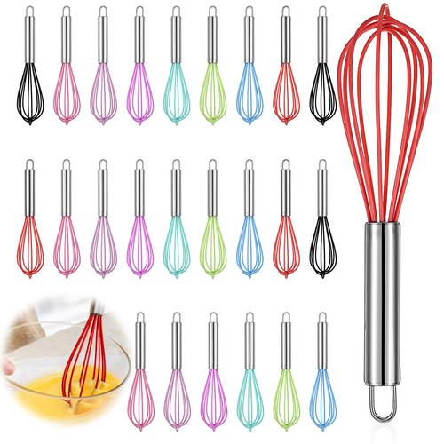 24 Pcs 8 Inch Whisks Bulk for Cooking, Silicone Whisks Non Scratch Stainless Steel Hand Whisk Large Coated Metal Heat Resistant Egg Beaters for Cooking