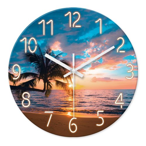 XFM Beach Wall Clocks Battery Operated 16 Inch Silent Non-Ticking Wall Clock Sunset Palm Tree Coastal Wall Clock for Bedroom Living Room Office Decor