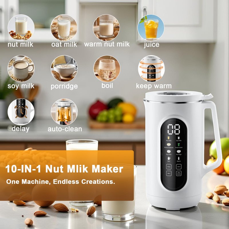 10 in 1 Nut Milk Maker, AMZCHEF 40oz Plant Milk Maker for Homemade Almond Milk, Soy Milk, Oatmeal, and Non-Dairy Beverages, BPA Free Almond Milk Maker with Delay Start, Keep Warm, Clean, Boiling