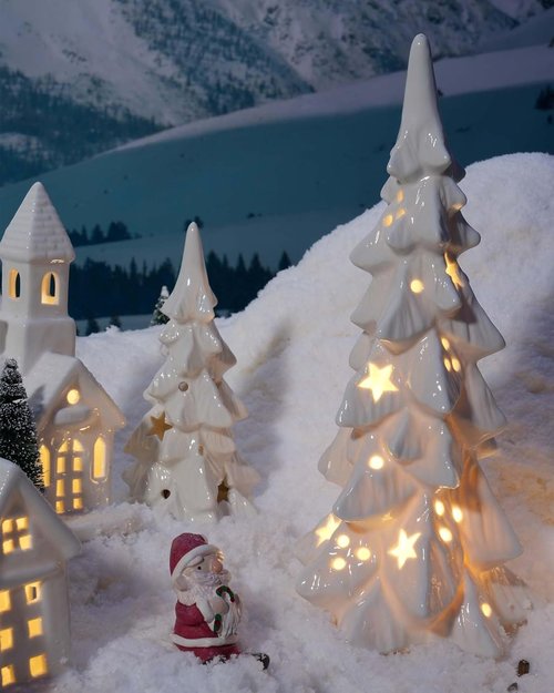 DN DECONATION White Ceramic Christmas Trees - 2Pcs Prelit Tabletop Xmas Tree Figurines with Lights & Cutouts for Neutral Holiday Decor
