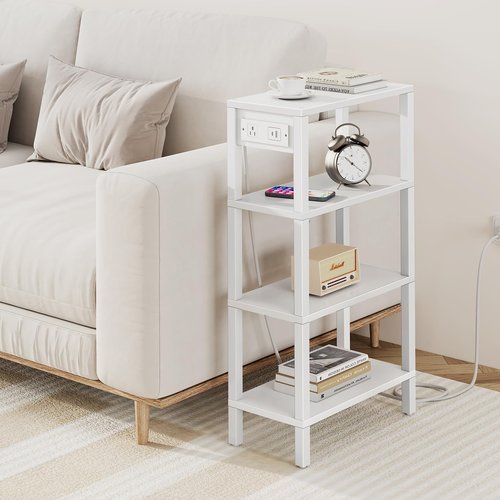 TUTOTAK Narrow Side Table with Charging Station,Small End Table with USB Ports and Outlets, Skinny Sofa Table, Slim Nightstand, Living Room, Bed Room, White TB01BW0802