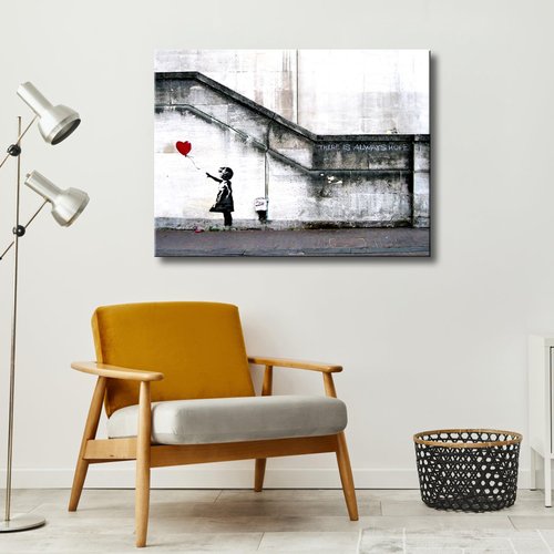 Wieco Art Canvas Paintings Wall Art Banksy Grafitti Girl with Red Balloon Grey Large Love Canvas Prints Pictures Modern Gallery Wrapped Inspirational Artwork Ready to Hang for Home Office Decor
