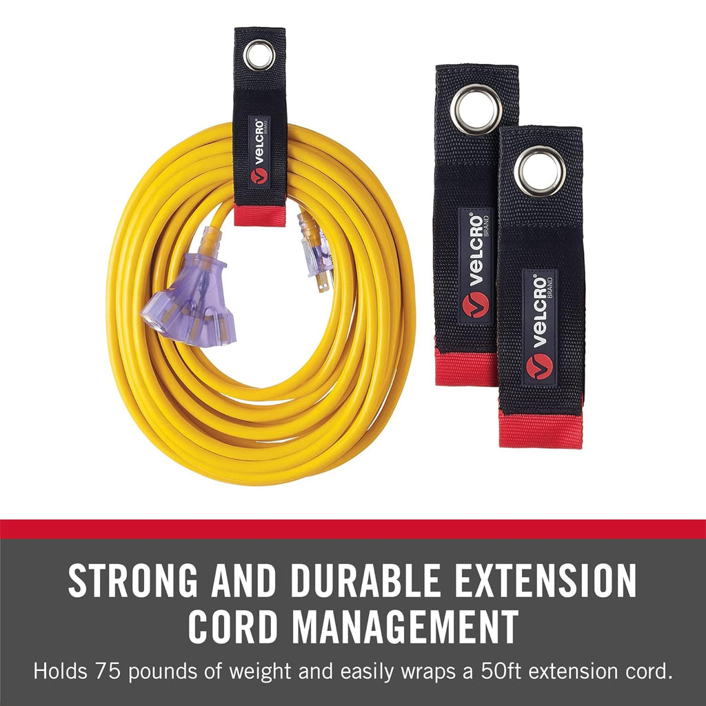 VELCRO Brand Easy Hang Extension Cord Organizer - Declutter Your Space, Heavy Duty 75 lb Hold - 2 Pack, Medium 14 in, Black Straps for 25–50 ft Cords