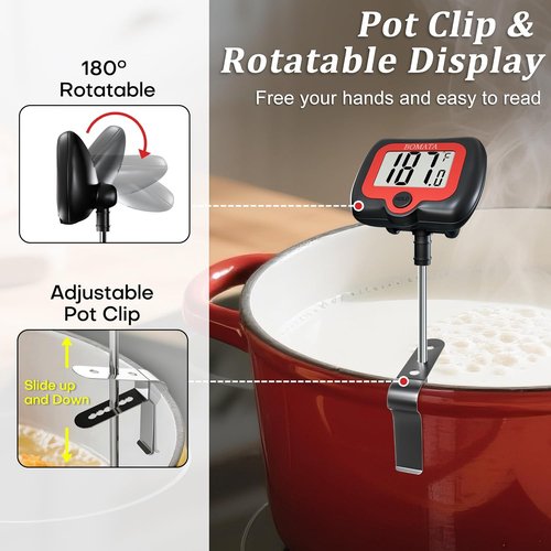 BOMATA Digital Candy Thermometer - Rotatable Display & Long Probe for Precise Cooking | Black